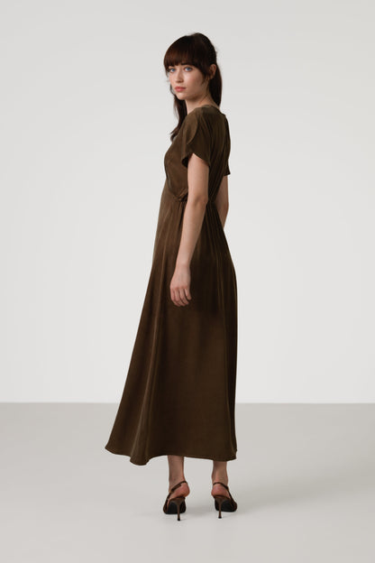 Cressida V Neck Cupro Dress | Chestnut Brown