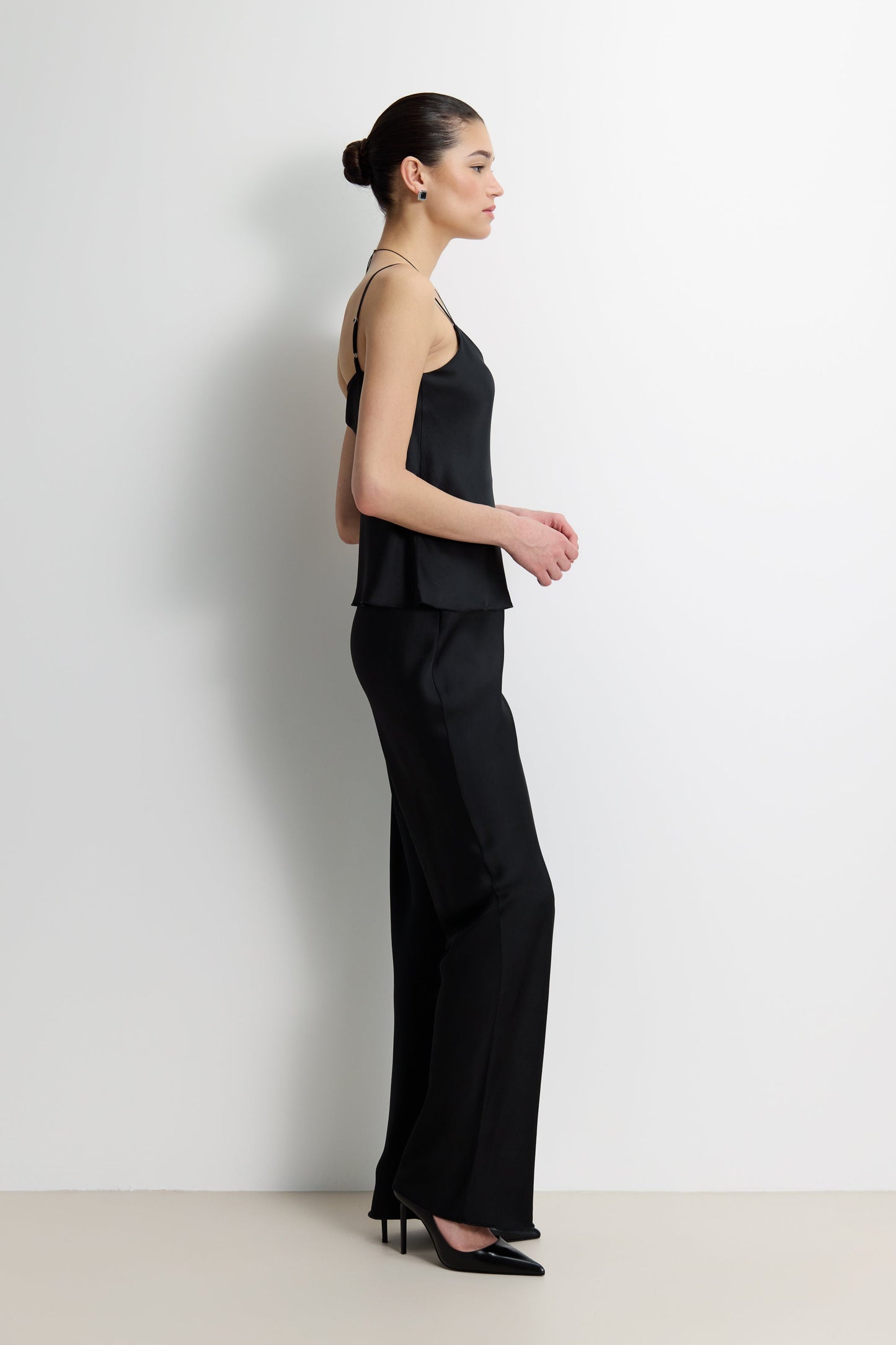 Genet Elastic Waist Bias Satin Trousers | Black