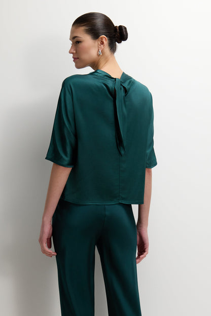 Genevieve Back Tie Satin Top | Teal
