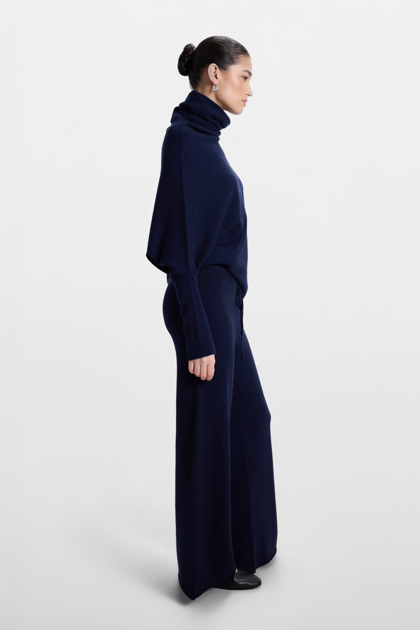Asymmetric Draped Roll Neck | Navy | Seamless Knit
