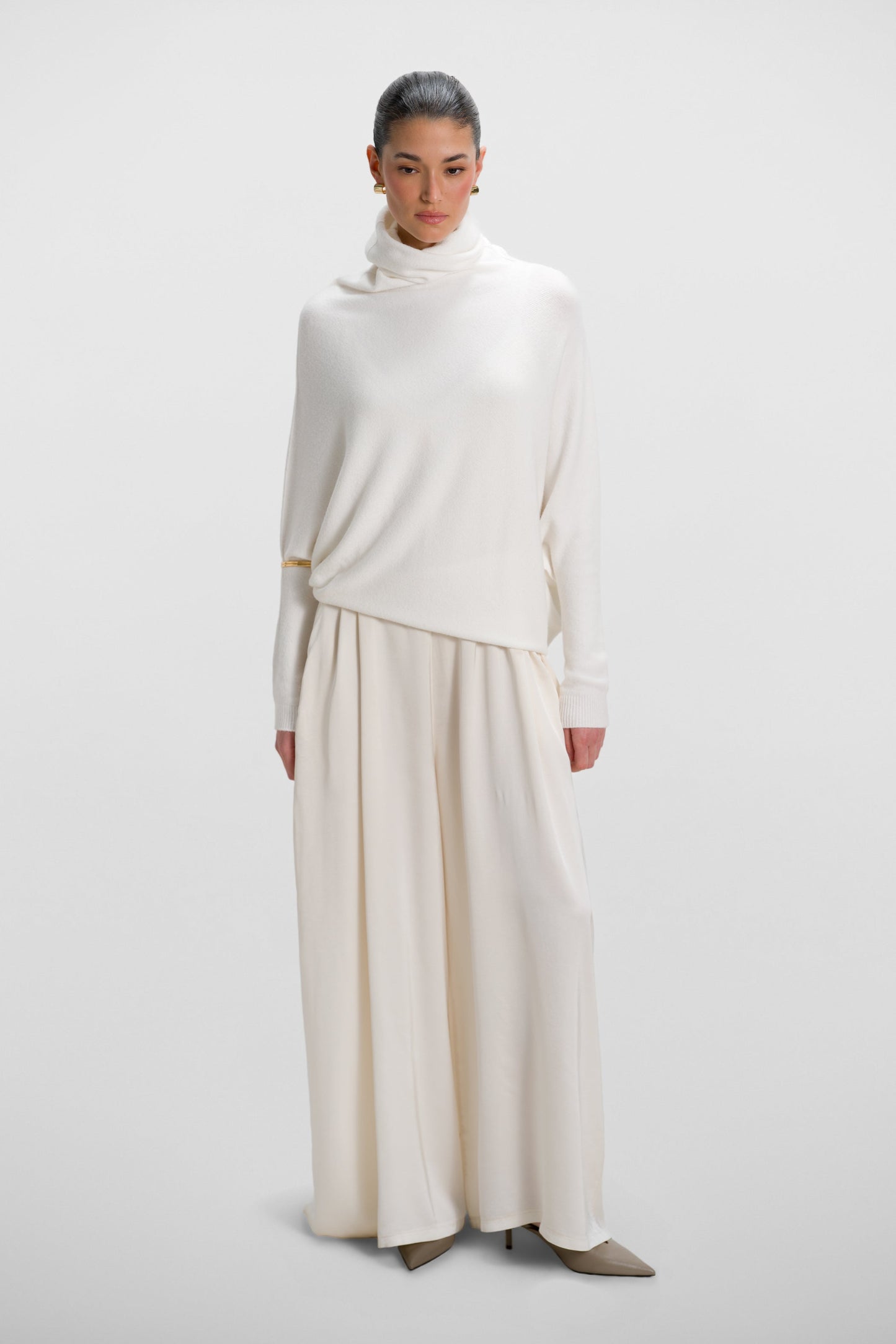 Asymmetric Draped Roll Neck | Ivory | Seamless Knit