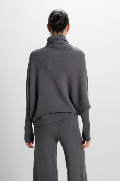 Asymmetric Draped Roll Neck | Charcoal | Seamless Knit