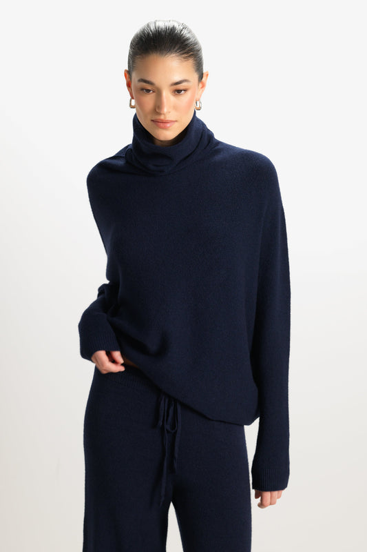 Asymmetric Draped Roll Neck | Navy | Seamless Knit