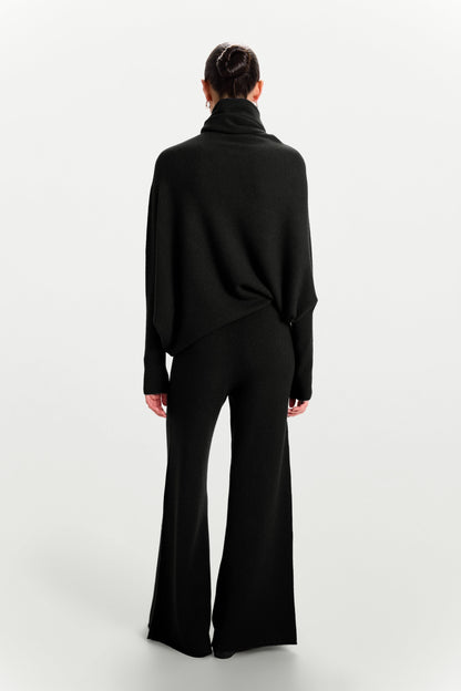 Asymmetric Draped Roll Neck | Black | Seamless Knit