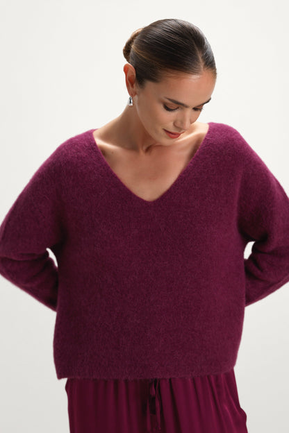 Vera V Neck Sweater | Burgundy | Alpaca Blend