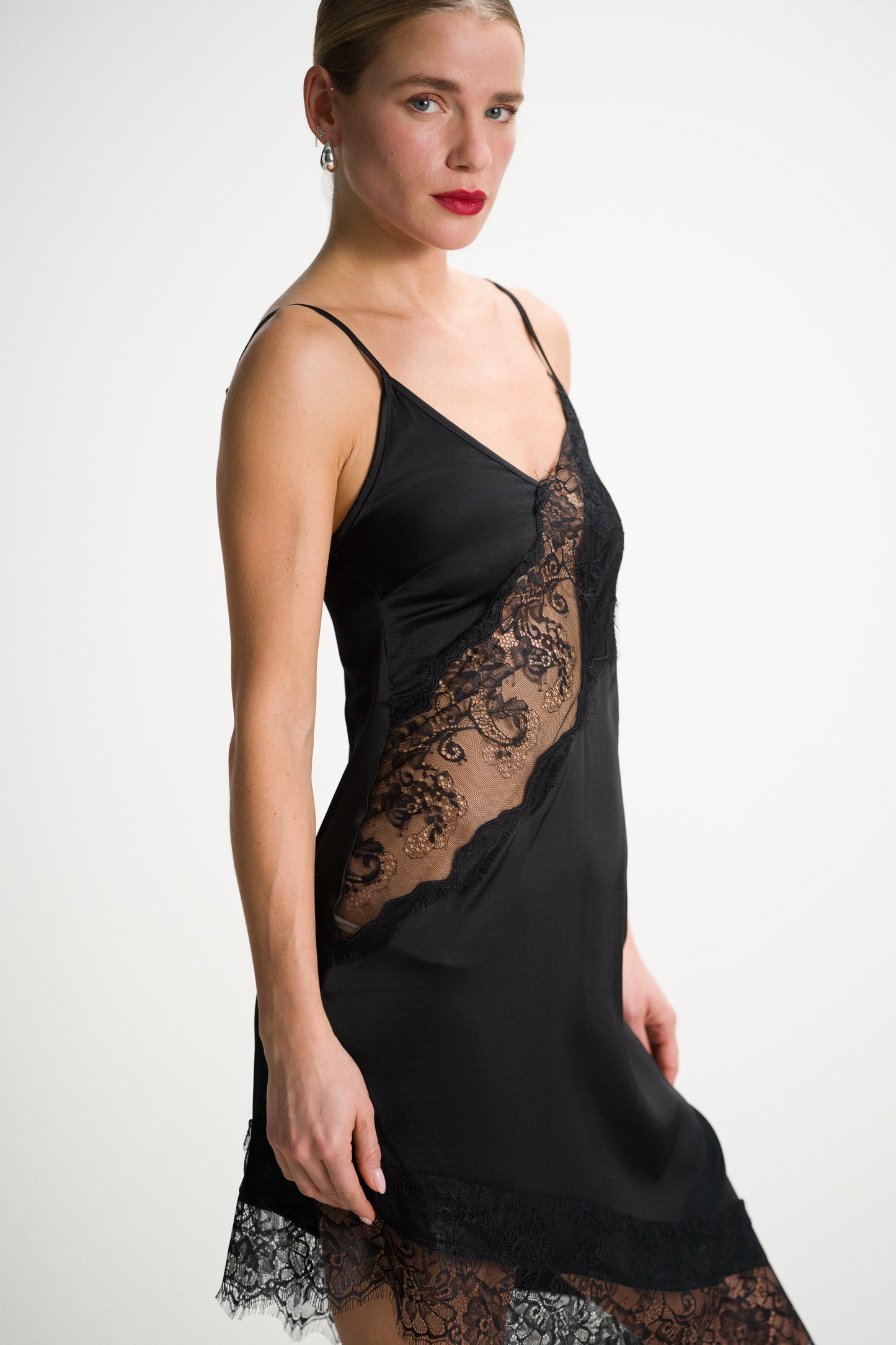 Isobel Asymmetric Lace Satin Dress | Black