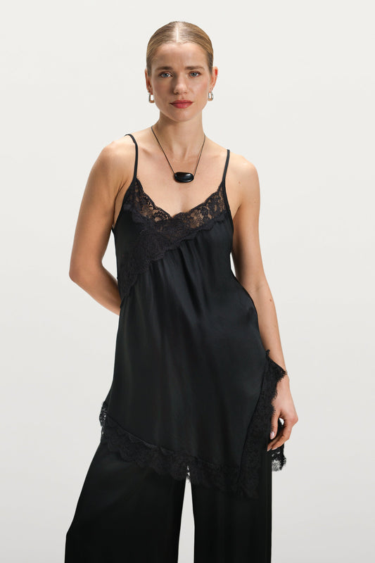 Sofia Asymmetric Lace Satin Vest | Black